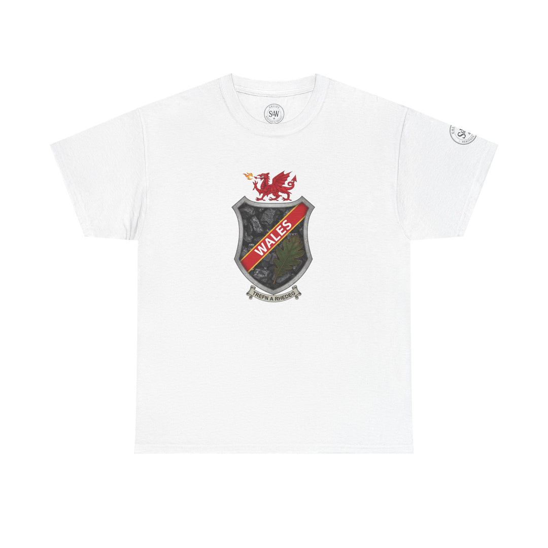 White t-shirt by S&amp;W Gallus, featuring a shield crest design with Welsh dragon and coal pattern.
