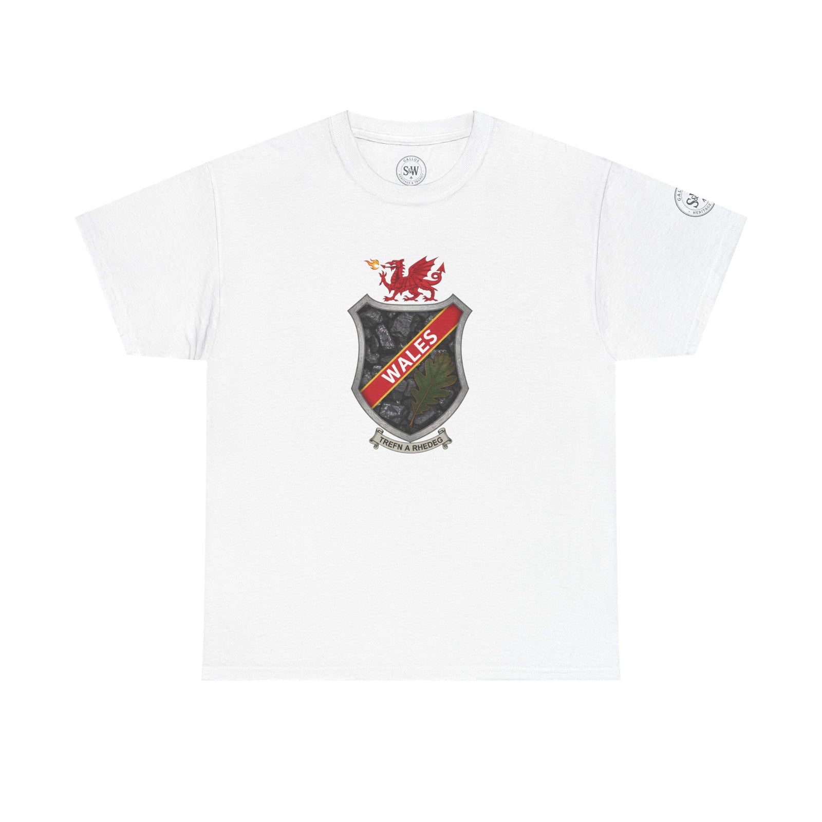 White t-shirt by S&W Gallus, featuring a shield crest design with Welsh dragon and coal pattern.
