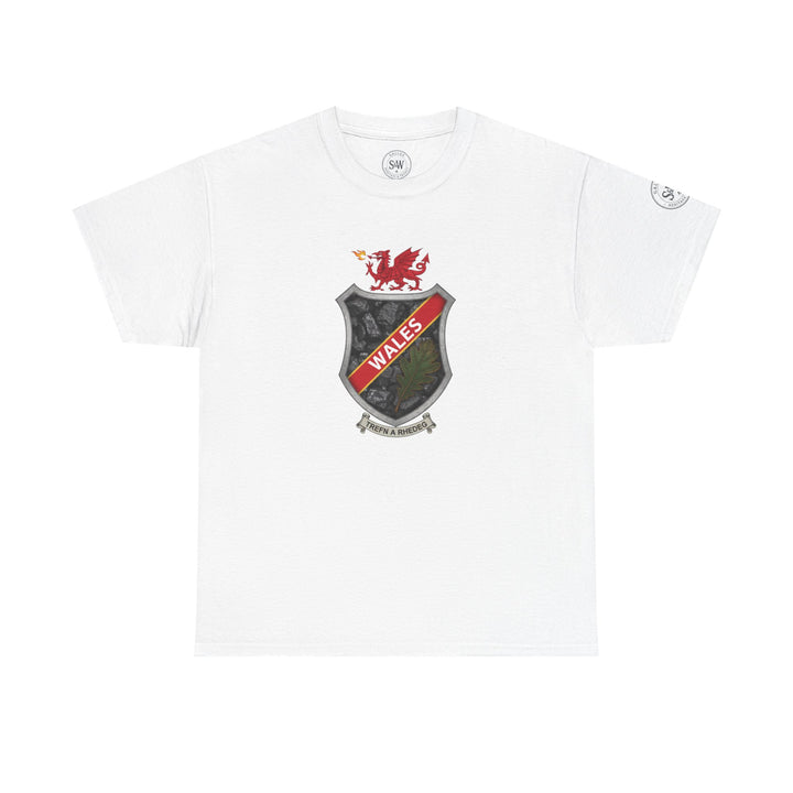 White t-shirt by S&amp;W Gallus, featuring a shield crest design with Welsh dragon and coal pattern.

