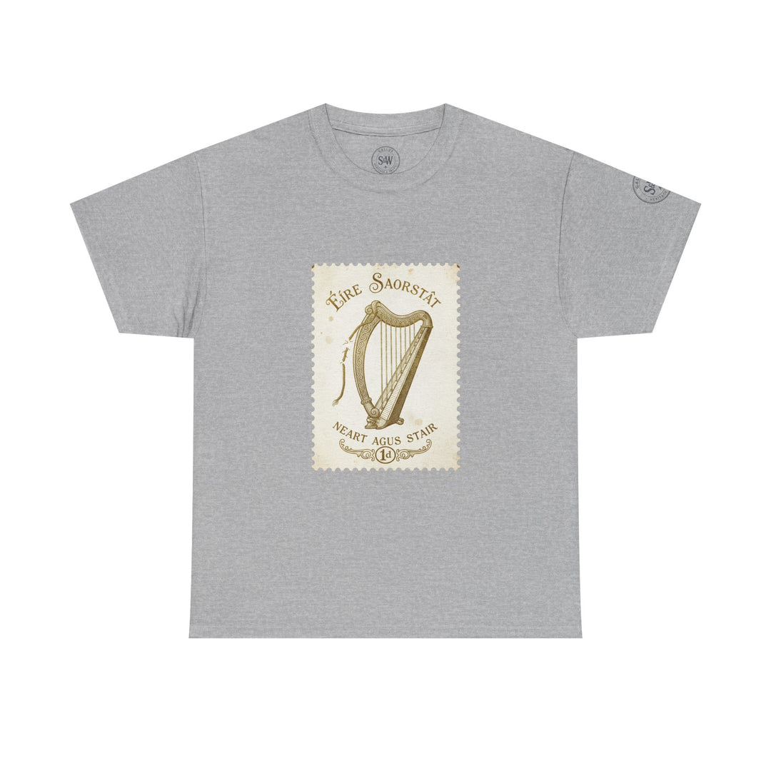 Gray T-shirt by S&amp;W Gallus featuring an Irish harp vintage postage stamp graphic on the front.