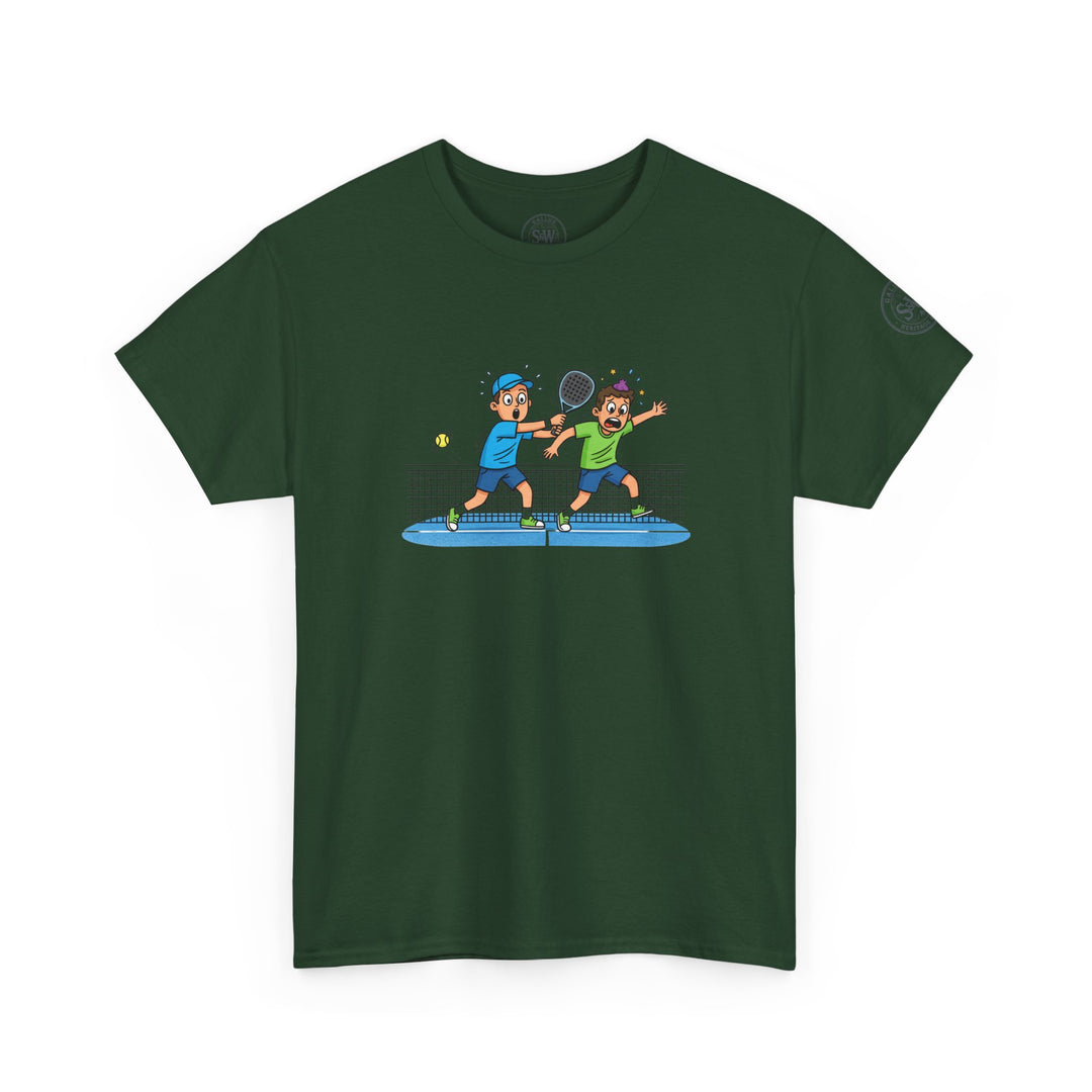 Forest green graphic tee by S&amp;W Gallus, featuring a cartoon print of two boys playing padel.