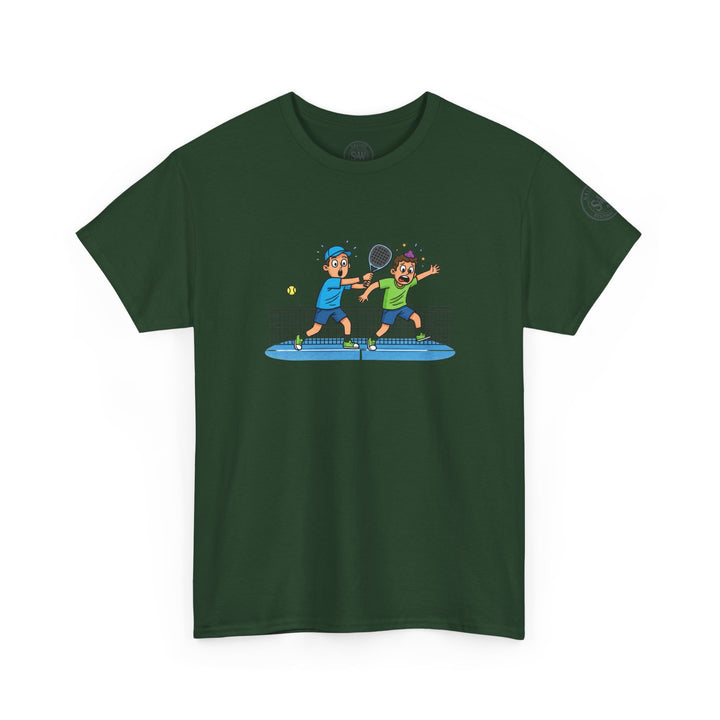 Forest green graphic tee by S&amp;W Gallus, featuring a cartoon print of two boys playing padel.