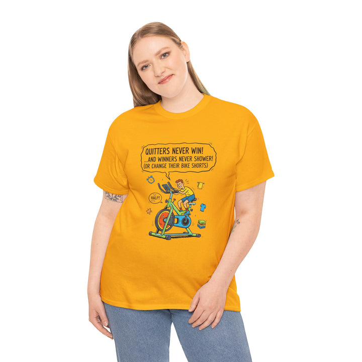 Spin Motivational Tee – soft, breathable cotton featuring an inspiring cycling graphic. Perfect for spin classes, workouts, and active lifestyle wear.
