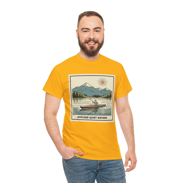 Yellow T-shirt from S&amp;W Gallus featuring a kayaking graphic, worn with blue jeans.
