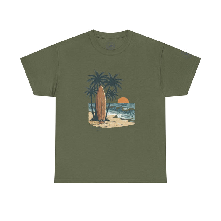 Green graphic tee by S&amp;W Gallus featuring a beach scene with a surfboard, palm trees, and ocean waves.