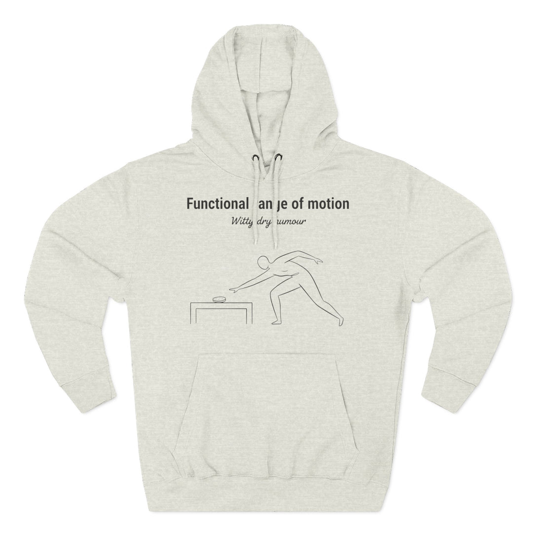 Heather gray hoodie by S&amp;W Gallus featuring a "Functional range of motion" graphic and a kangaroo pocket.