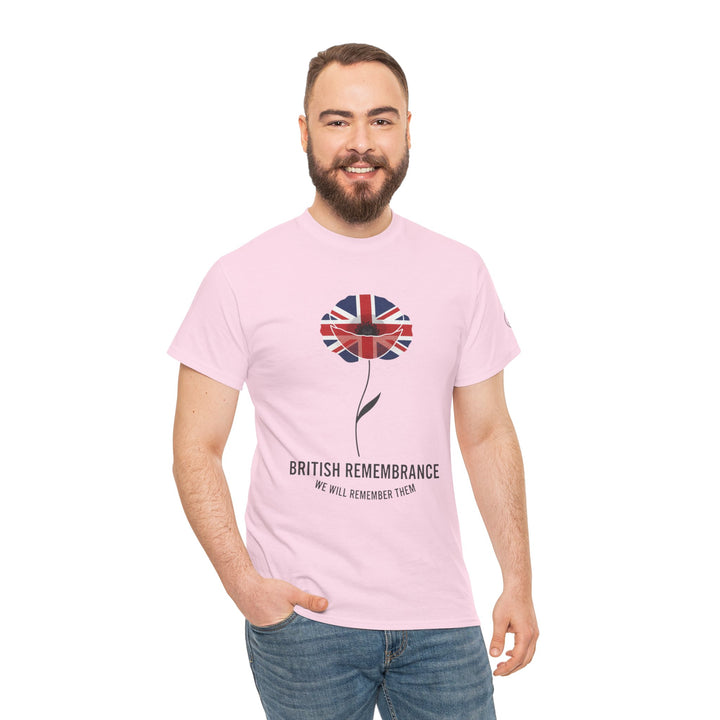 Light pink T-shirt by S&amp;W Gallus featuring a Union Jack poppy and British Remembrance text, worn with blue jeans.