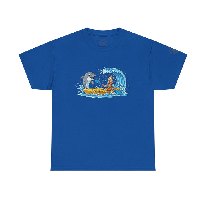 Blue t-shirt by S&amp;W Gallus featuring cartoon graphic of a dolphin and kayaker in a wave.