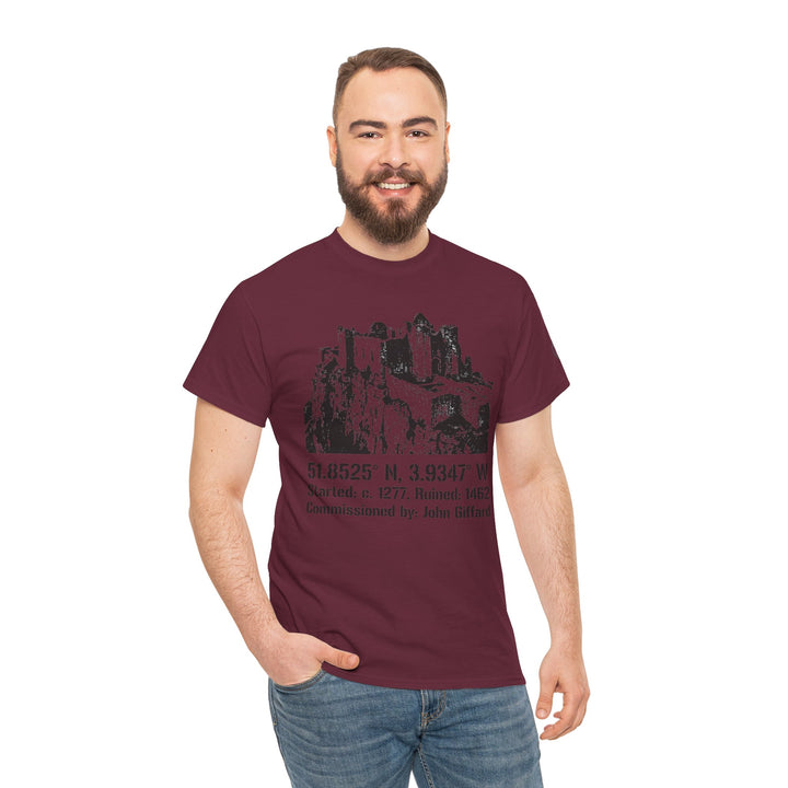 Maroon T-shirt by S&amp;W Gallus featuring a castle graphic with coordinates and historical details; worn with jeans.