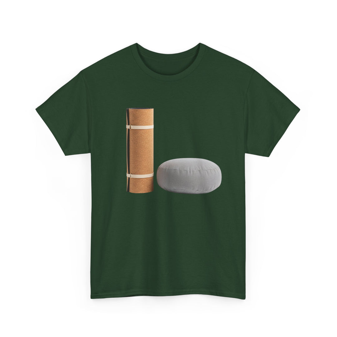 Mat &amp; Meditation Cushion Tee – soft, breathable cotton featuring a yoga-inspired design. Perfect for meditation, studio practice, or mindful everyday wear.