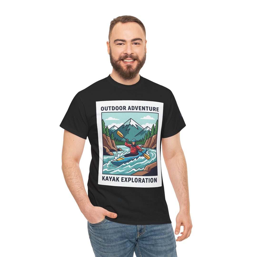 Black t-shirt by S&amp;W Gallus, featuring a colorful outdoor adventure graphic and worn with blue jeans.