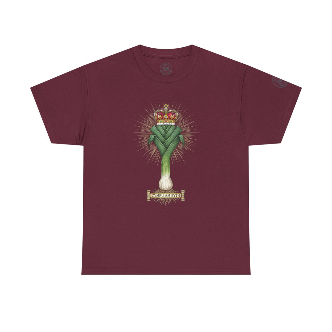 Burgundy t-shirt by S&amp;W Gallus featuring a crowned leek graphic with "Cymru am Byth" banner.