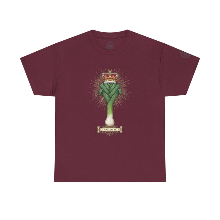 Burgundy t-shirt by S&amp;W Gallus featuring a crowned leek graphic with "Cymru am Byth" banner.