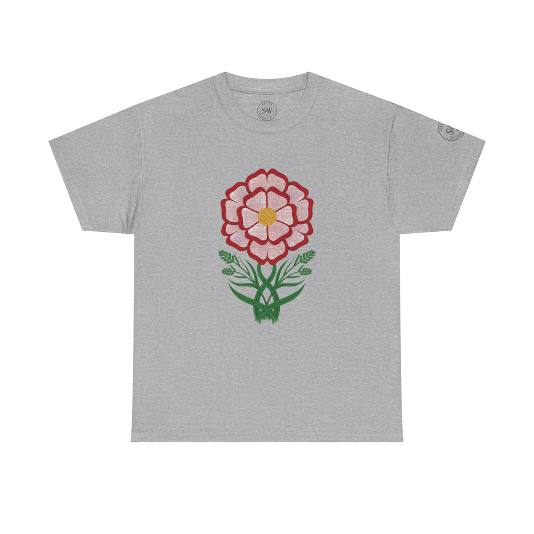 Gray graphic t-shirt by S&amp;W Gallus with a large floral Tudor rose design at the center.