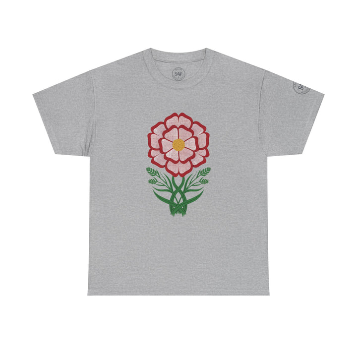 Gray graphic t-shirt by S&amp;W Gallus with a large floral Tudor rose design at the center.