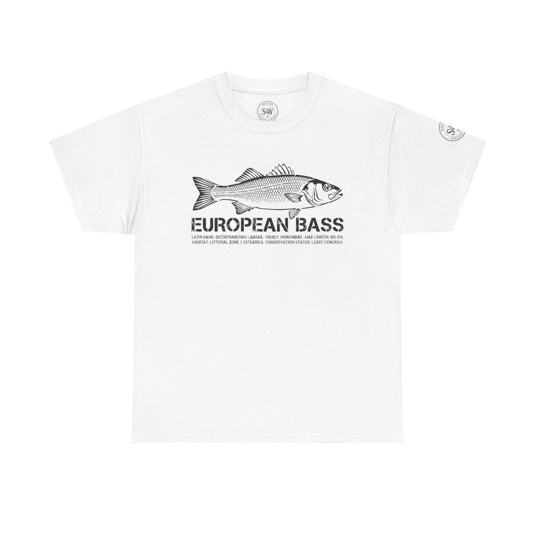 White European bass t-shirt by S&amp;W Gallus featuring a vintage fish illustration and descriptive text.
