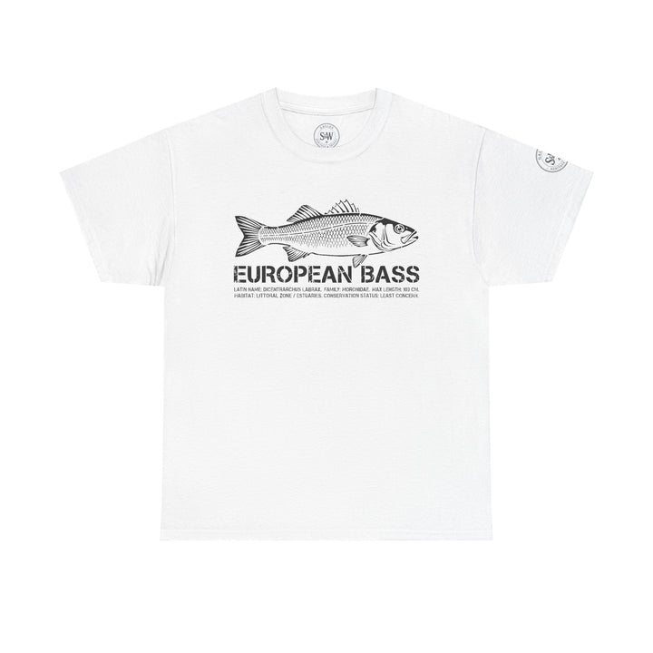White European bass t-shirt by S&amp;W Gallus featuring a vintage fish illustration and descriptive text.

