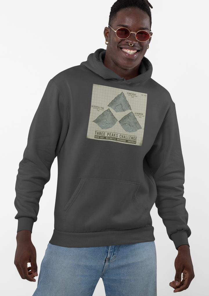 Three Peaks Challenge Graphic Hoodie — Retro UK Mountain Summit Pullover