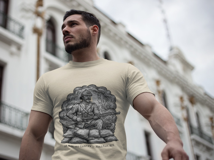 Soldier 1879 T-Shirt featuring a vintage Rorke’s Drift–style rifleman illustration. A bold Anglo-Zulu War tribute design.