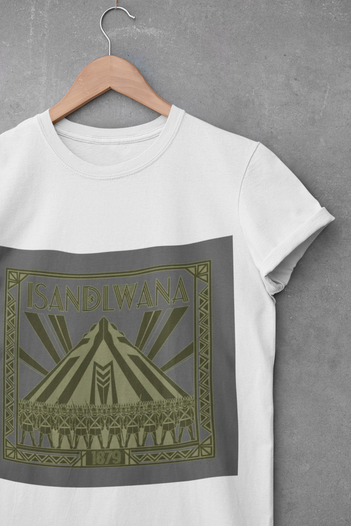 Isandlwana Festival Tee featuring bold “M” pyramid graphic. Outdoor music shirt inspired by iconic landscape vibes.