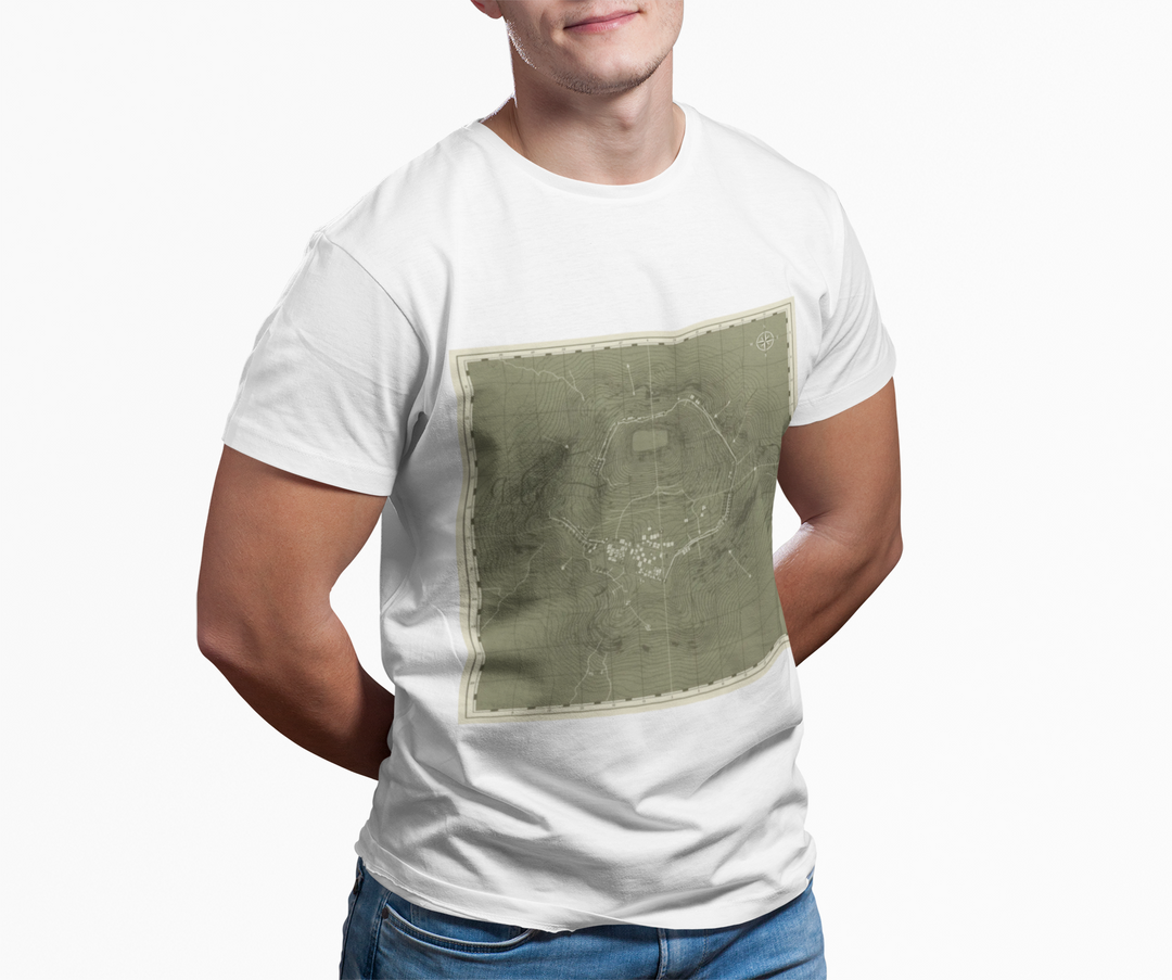 Isandlwana Map Print T-Shirt featuring a vintage topographic design. A bold heritage graphic tee inspired by historic terrain.
