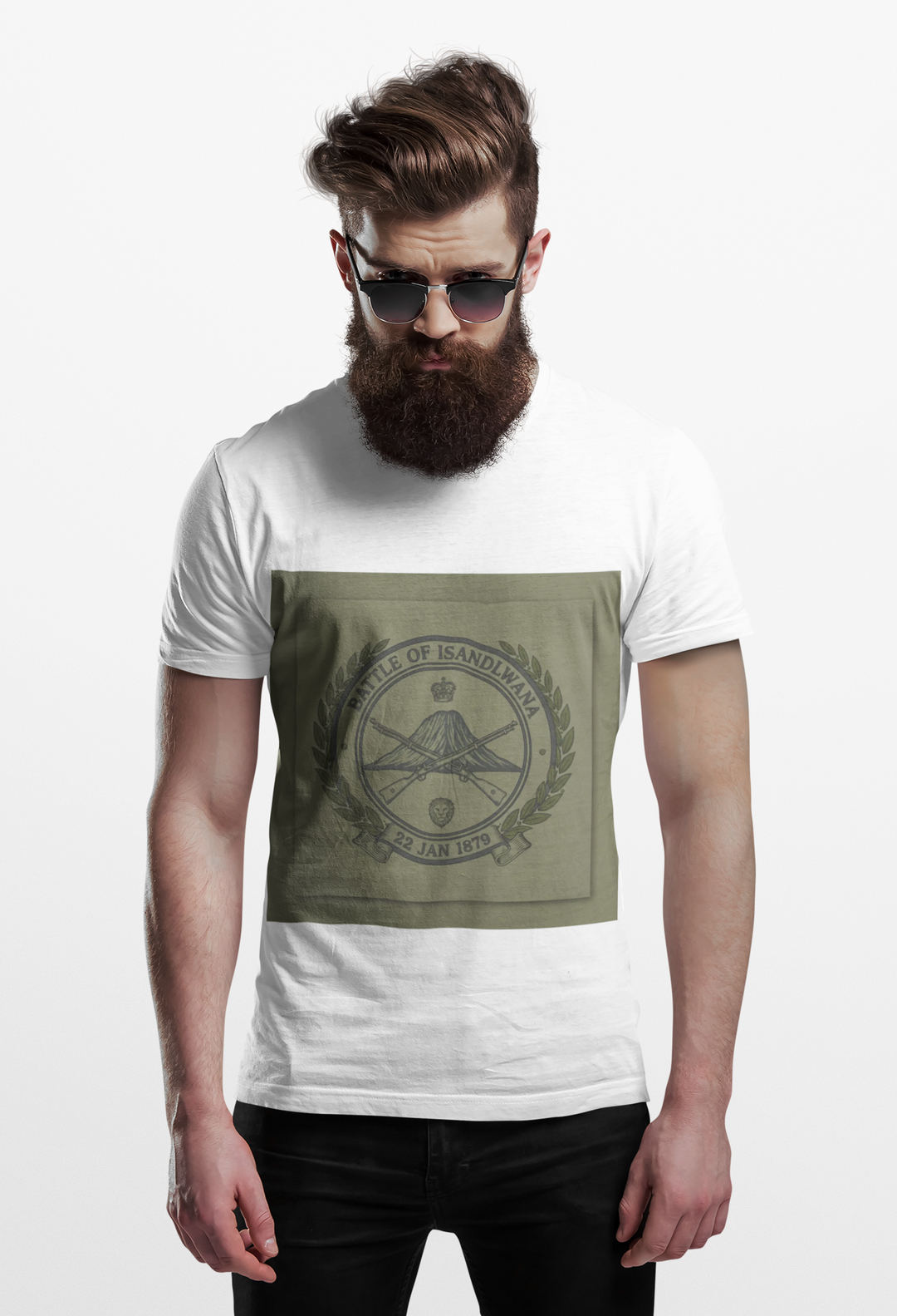 Isandlwana vintage military emblem crewneck T-shirt. Heritage graphic design inspired by historic battlefield legacy.