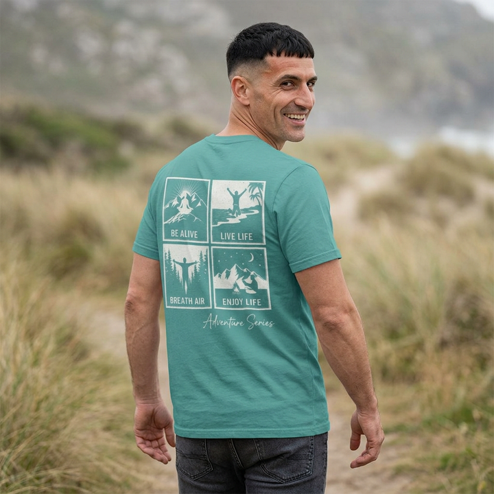 Adventure Series T-Shirt — Front Logo &amp; Grid of Outdoor Activities