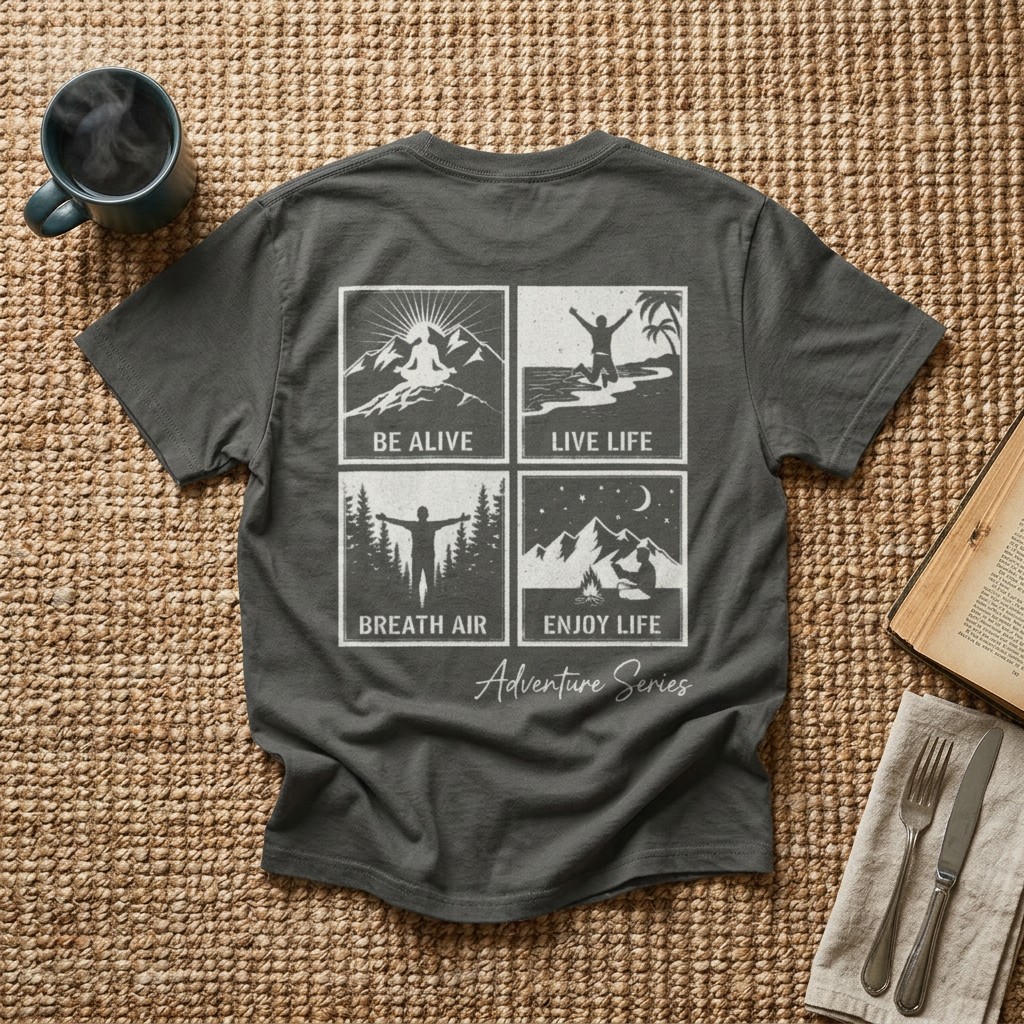 Adventure Series T-Shirt — Front Logo &amp; Grid of Outdoor Activities