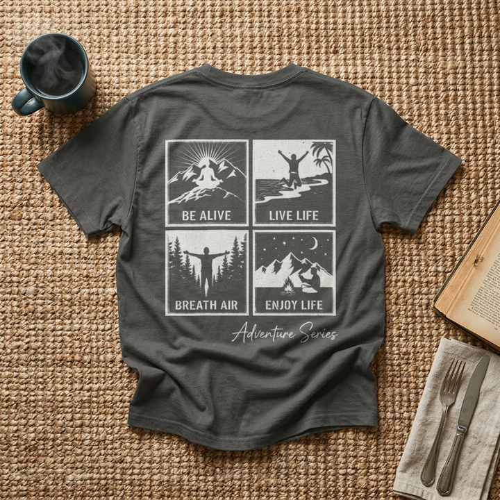 Adventure Series T-Shirt — Front Logo &amp; Grid of Outdoor Activities
