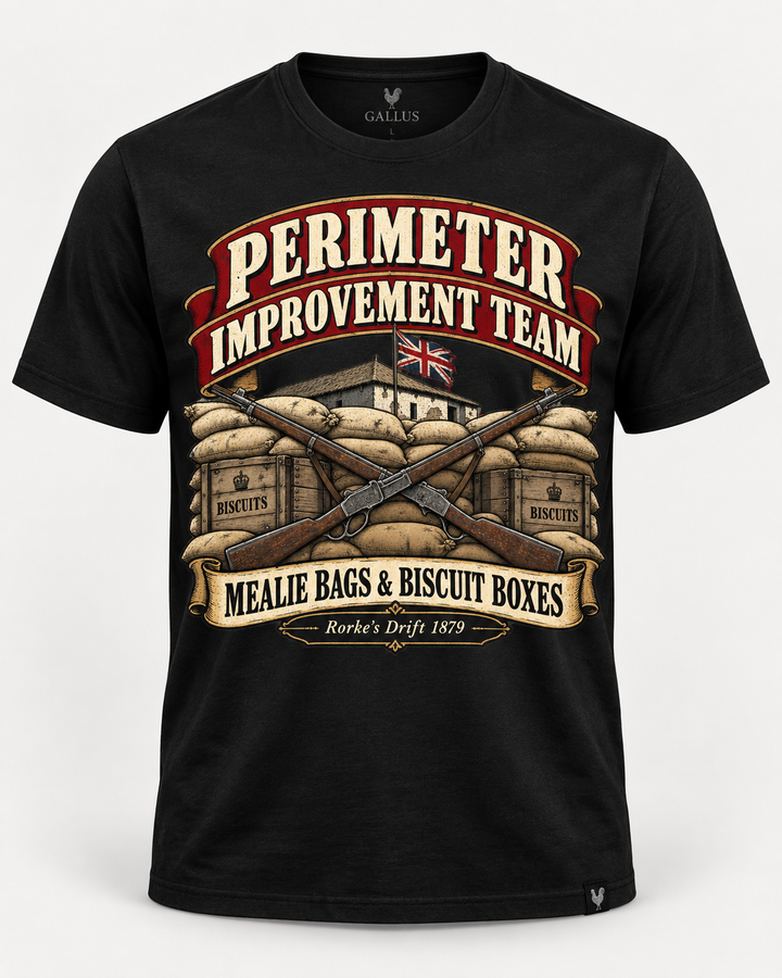Perimeter Improvement Team mealie bags biscuit boxes military humour T-shirt