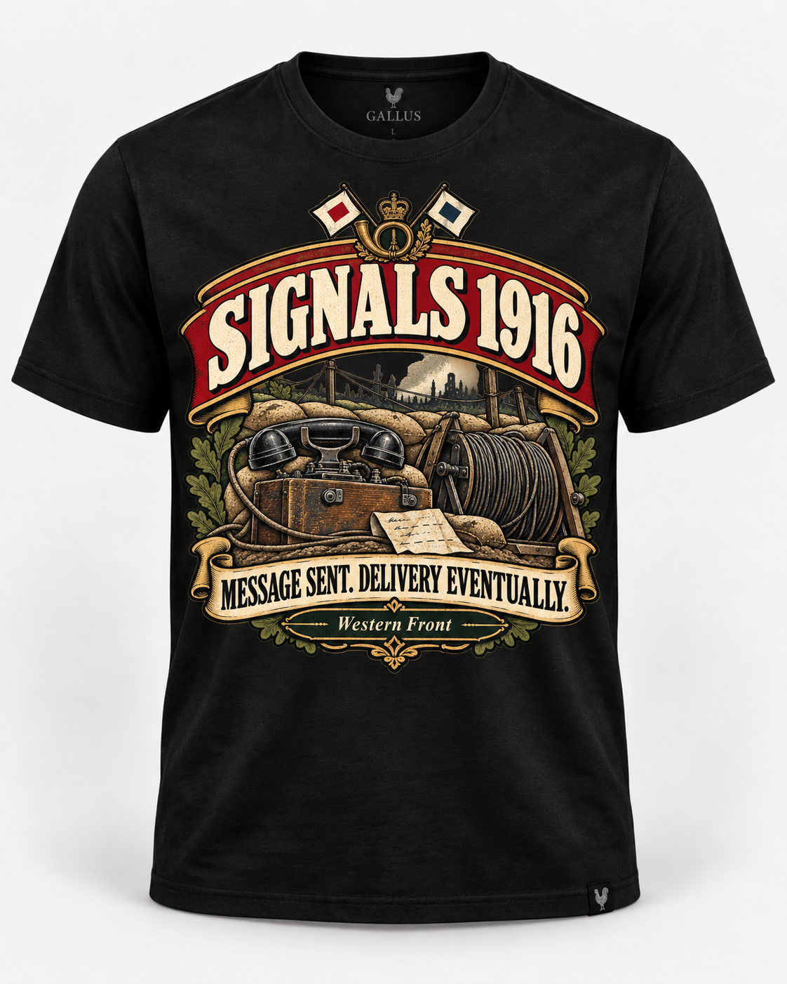 Signals 1916 WWI military communications T-shirt with vintage field equipment