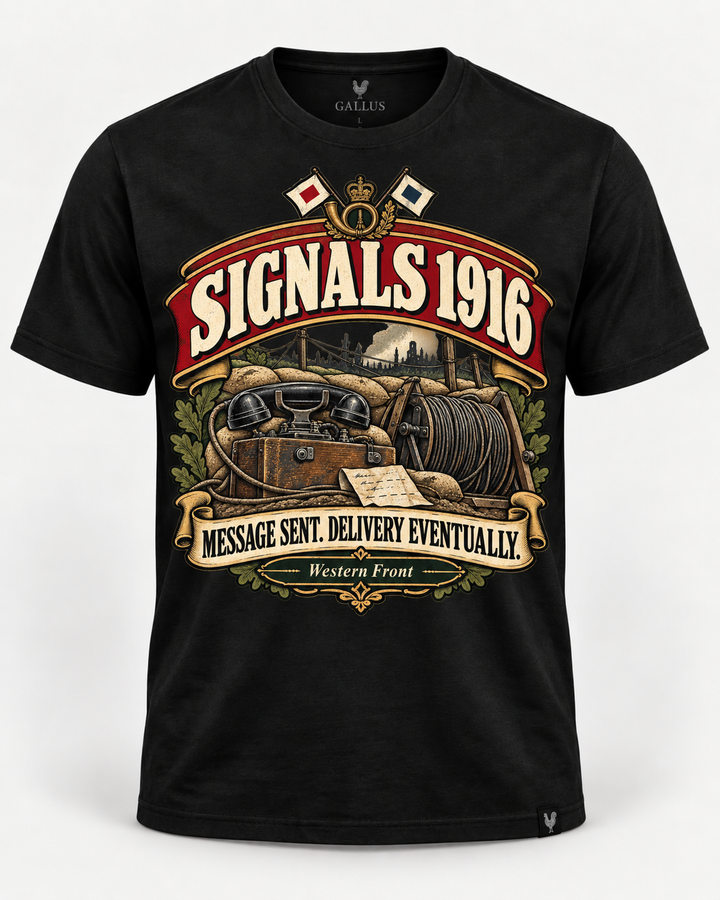 Signals 1916 WWI military communications T-shirt with vintage field equipment