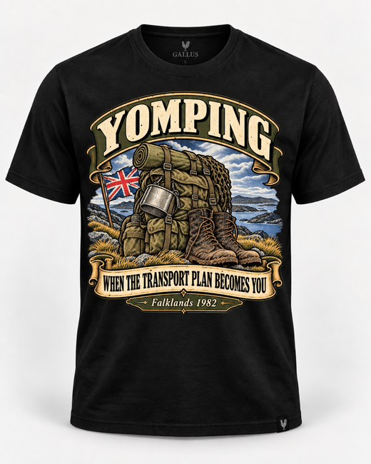 Falklands yomping British military history T-shirt with rucksack and boots