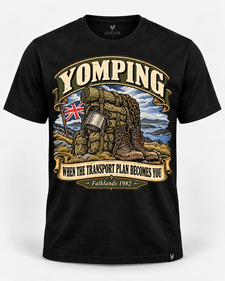 Falklands yomping British military history T-shirt with rucksack and boots