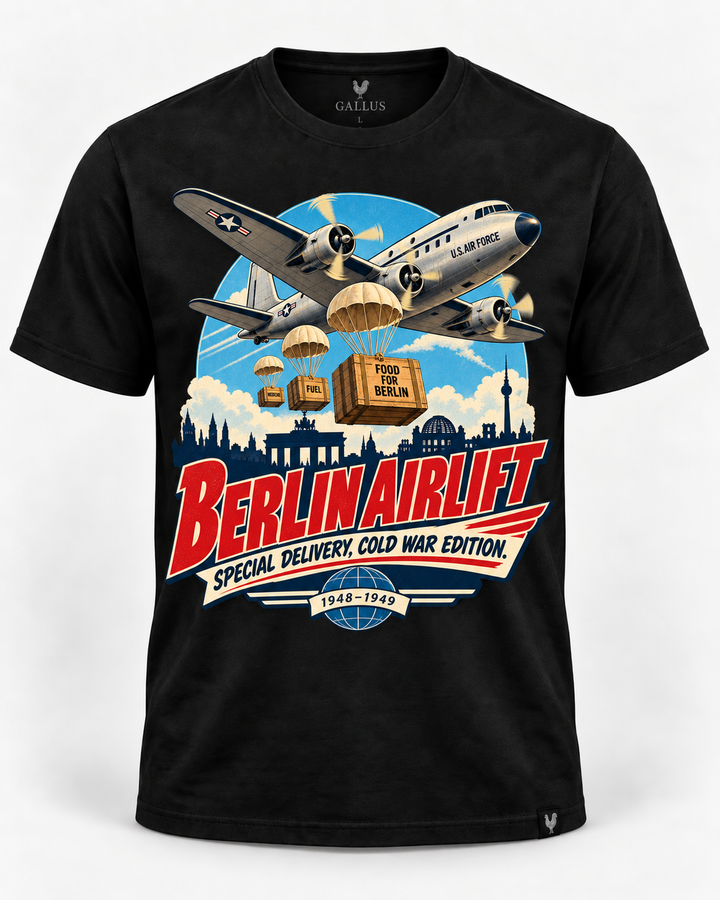 Berlin Airlift Cold War aviation T-shirt with vintage cargo aircraft artwork