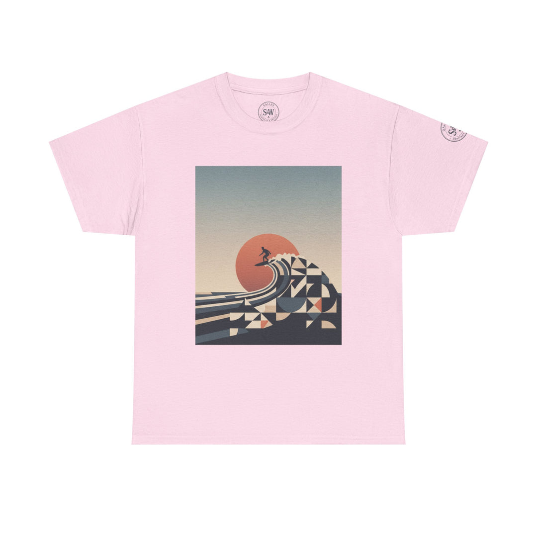 Pink t-shirt by S&amp;W Gallus featuring a geometric surfer and sunset design on the front.