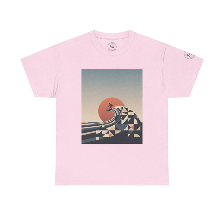 Pink t-shirt by S&amp;W Gallus featuring a geometric surfer and sunset design on the front.