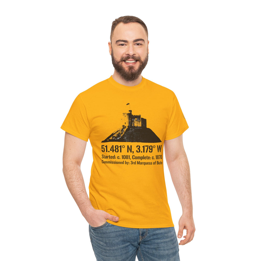 Mustard yellow t-shirt by S&amp;W Gallus, featuring a black graphic of Cardiff Castle and its coordinates. The model wears jeans.
