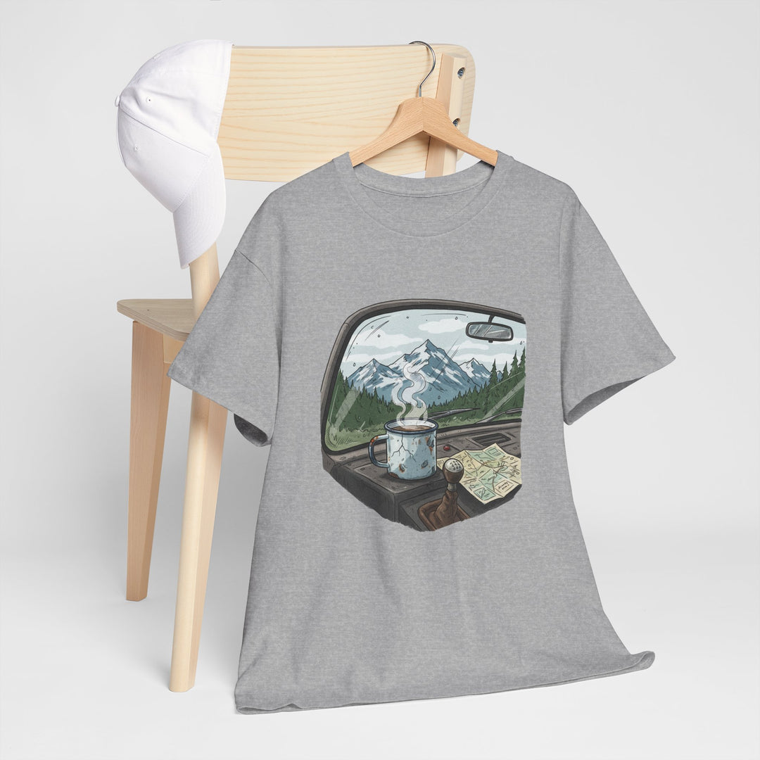Van Roadtrip View T-Shirt featuring a scenic travel-inspired design. Soft cotton comfort perfect for van life, road trips, and outdoor adventures.