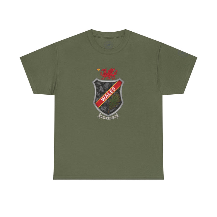 Olive green t-shirt by S&amp;W Gallus with a Wales shield crest design on the front.