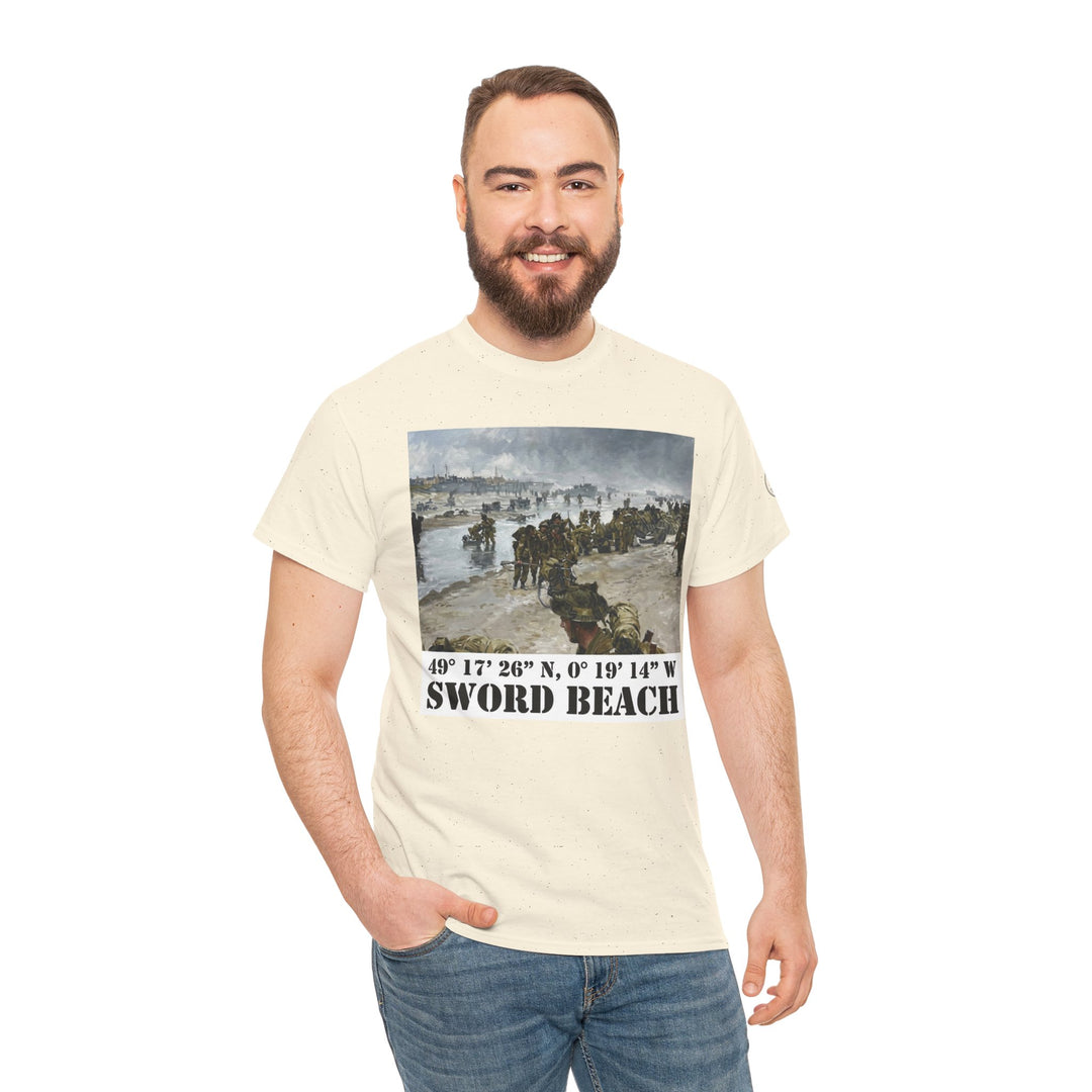 Cream T-shirt with a graphic by Veteran owned, featuring the Sword Beach D-Day landing coordinates, worn with blue jeans.
