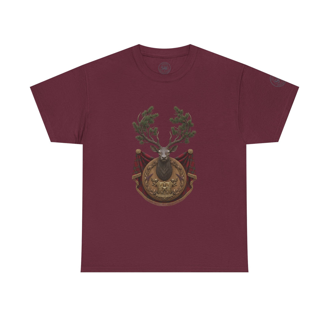 Maroon t-shirt by S&amp;W Gallus displaying a stag crest graphic on the center front.