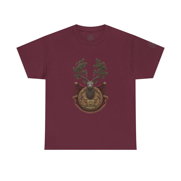 Maroon t-shirt by S&amp;W Gallus displaying a stag crest graphic on the center front.