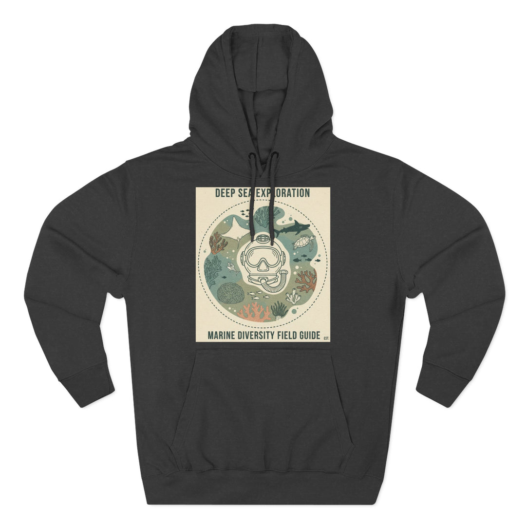 Charcoal hoodie by S&amp;W Gallus with a centered graphic featuring marine life inside of a circle and "Deep Sea Exploration" text.