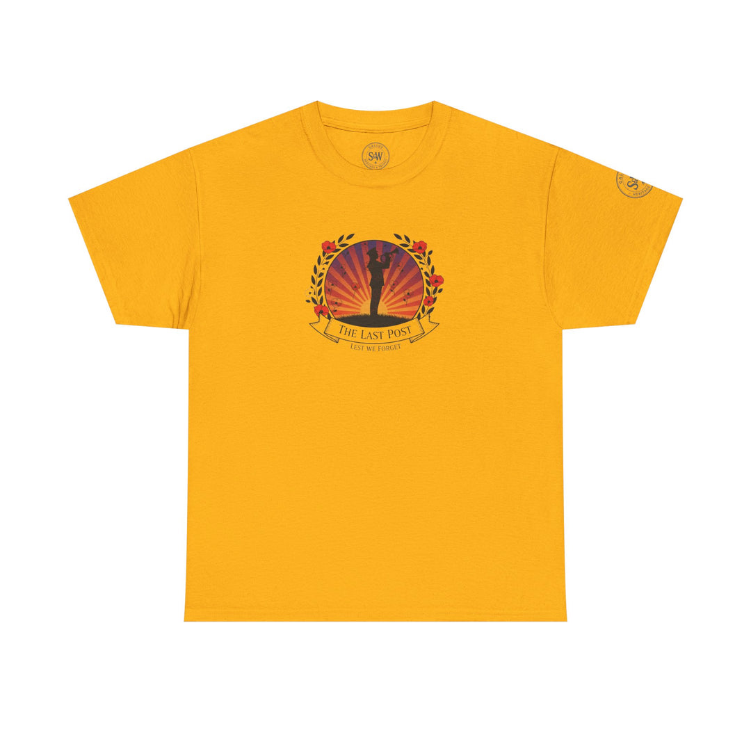 Golden yellow t-shirt by S&amp;W Gallus featuring "The Last Post" graphic with poppies and a sunset background.