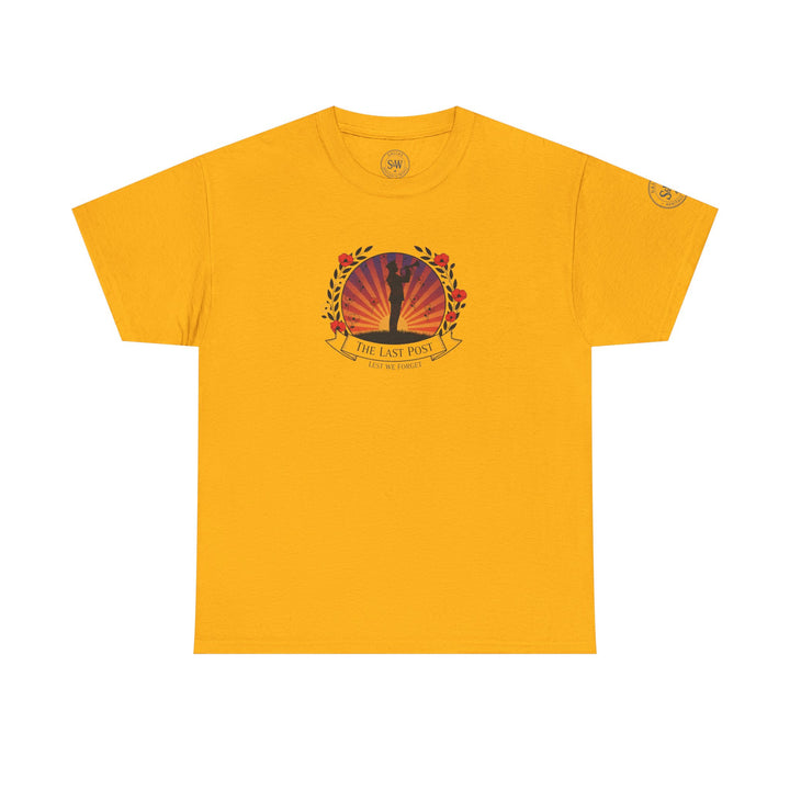Golden yellow t-shirt by S&amp;W Gallus featuring "The Last Post" graphic with poppies and a sunset background.
