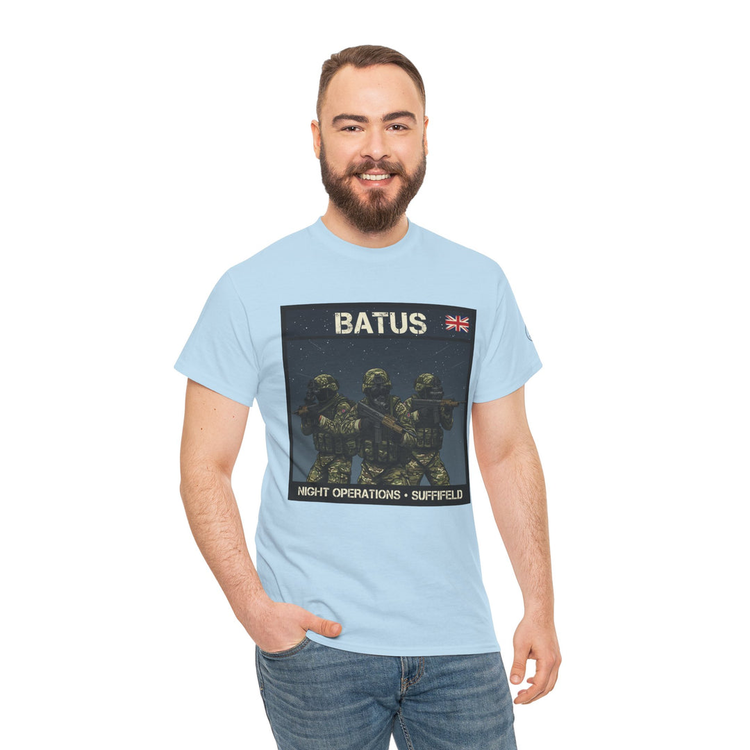 Light blue graphic T-shirt from S&amp;W Gallus, featuring military print, on a man wearing jeans.