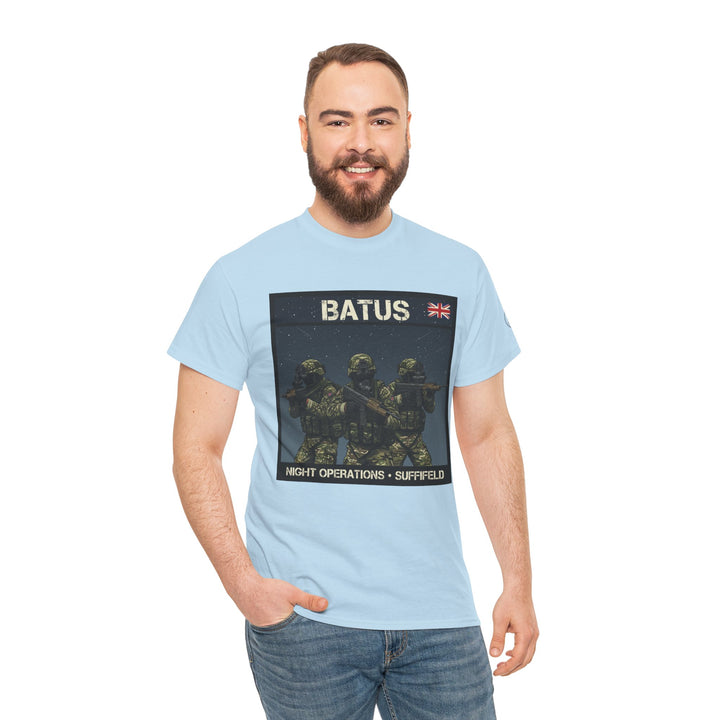 Light blue graphic T-shirt from S&amp;W Gallus, featuring military print, on a man wearing jeans.