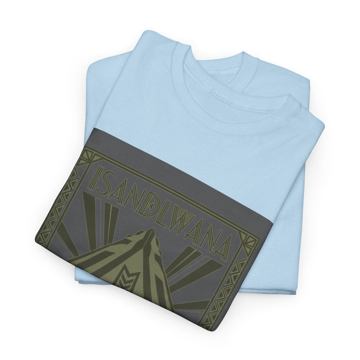 Isandlwana Festival Tee featuring bold “M” pyramid graphic. Outdoor music shirt inspired by iconic landscape vibes.