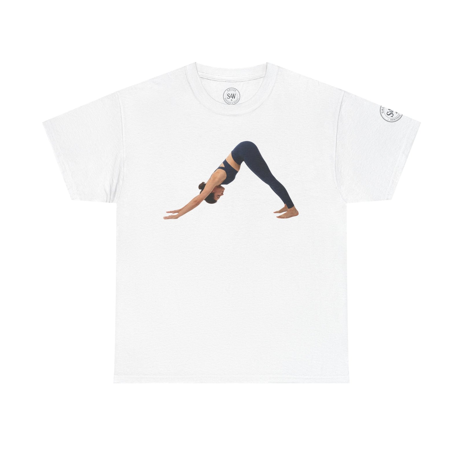 White T-shirt with yoga pose graphic by S&W Gallus featuring a minimalist design.